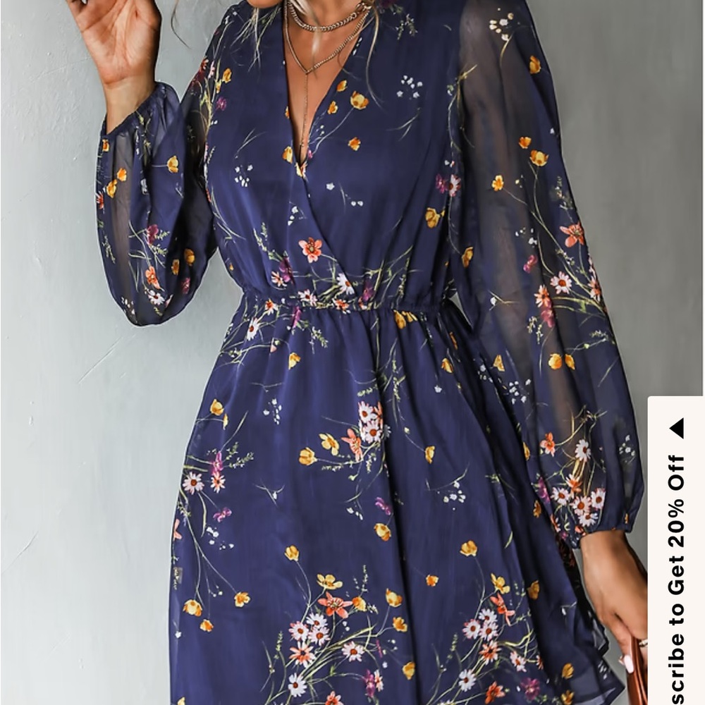 Cupshe Navy Floral Long Sleeve Dress